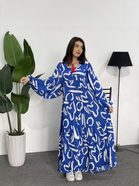 Allover Print Lantern Sleeve Ruffle Hem Dress WO-1202