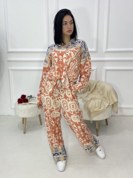 Women’s Geometric Print Lantern Sleeve Shirt & Wide Leg Pants WO-1114