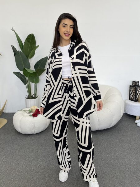 Women’s Geometric Print Lantern Sleeve Shirt & Wide Leg Pants WO-1115