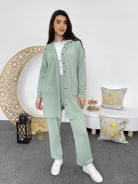 Women's Solid Color Drop Shoulder Long Sleeve Hooded Jacket And Wide Leg Pants Set WO-1125