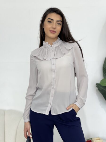 Women's Navy Collar Long Sleeve Shirt With Ruffle Trim WO#1107