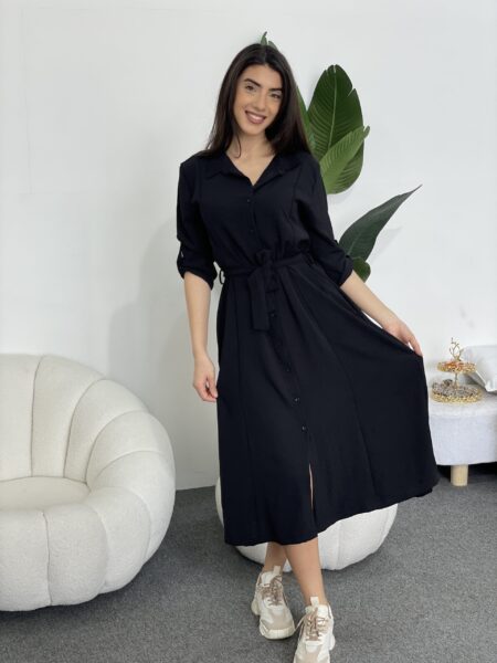 Solid Button Front Belted Shirt Dress WO#2442