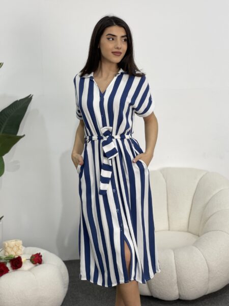 Striped Print Batwing Sleeve Belted Shirt Dress WO#2456