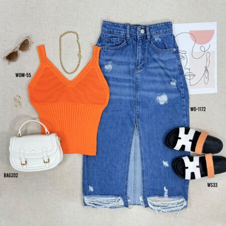 Summer Casual Distressed Frayed Hem Slim Fit Denim Skirt WO-1172