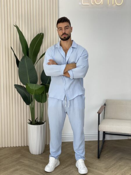 Men Solid Long Sleeve Shirt And Pants Casual Set Men-750