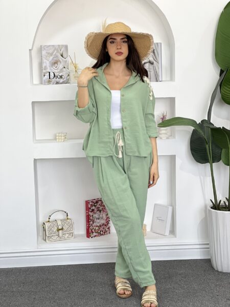 Solid Color Button Down Long Sleeve Shirt And Wide Leg Pants WO-1312