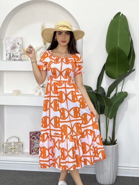 Geo Print Off Shoulder Ruffle Hem Dress WO-1301