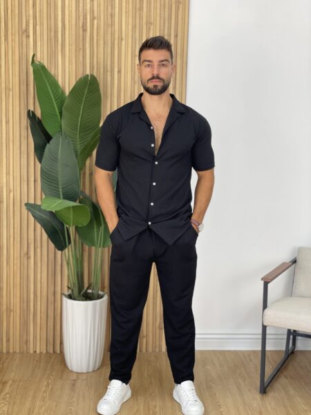 Men's Plain Casual Shirt And Drawstring Pants 2pcs/Set Men-747