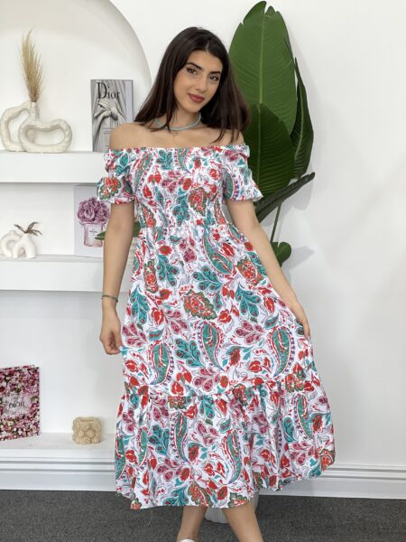 Geo Print Off Shoulder Ruffle Hem Dress WO-1308