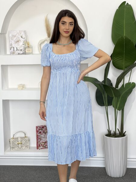 Women's Striped Printed  Neck Short Sleeve Dress With Ruffle Hem WO-1306