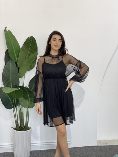 Surplice Neck Lantern Sleeve Ruffle Trim Dress WO#2485