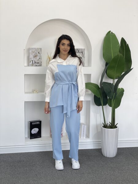 Color-block Lantern Sleeve Belted Top & Pants WO-1323