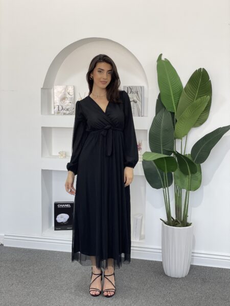 Surplice Neck Lantern Sleeve Ruffle Trim Dress WO#2484