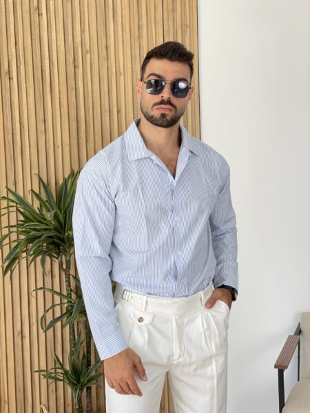 Striped Print Shirt Slim Fit Long Sleeve Button Up Collar Men-743