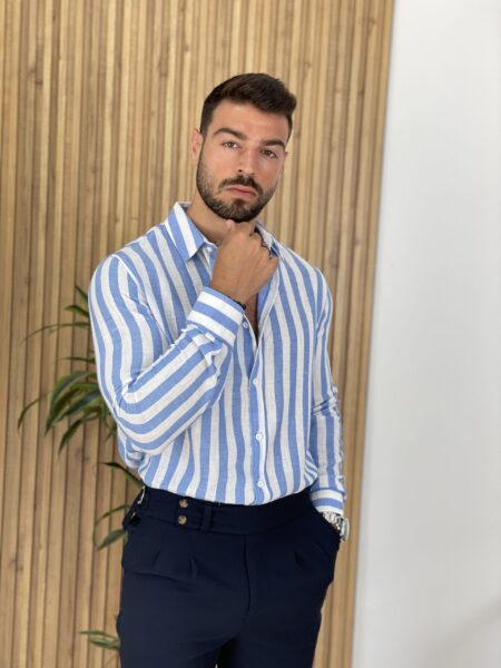 Striped Print Button Front Shirt Men#1392