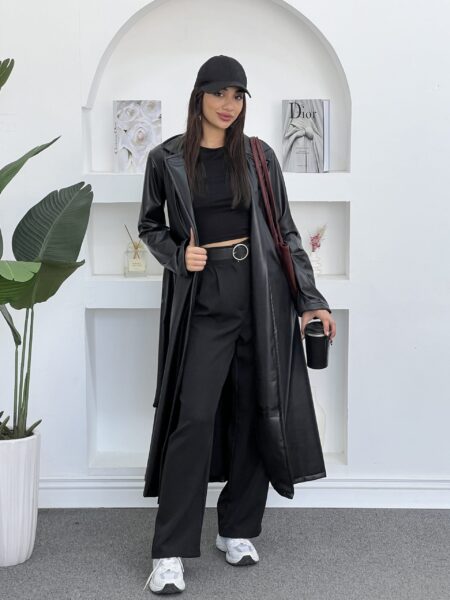 Women Solid Color Blazer Collar with Pockets Fashion PU Leather Long Jacket WOJ213