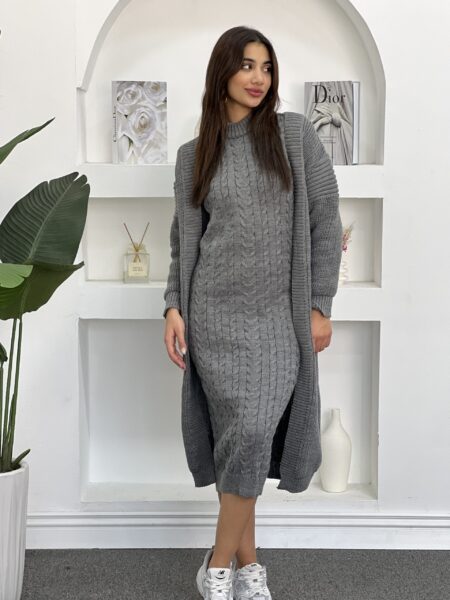 2pcs/Set Women Elegant Solid Color Stand Collar Cable Sleeveless Dress And Long Sleeve Cardigan WOD211