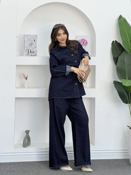 Women Casual Cropped Denim Jacket & Wide Leg Jeans Set WOS310