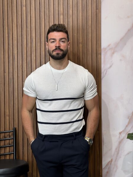 Men's Striped Short Sleeve Knit Sweater T-shirt MENT203