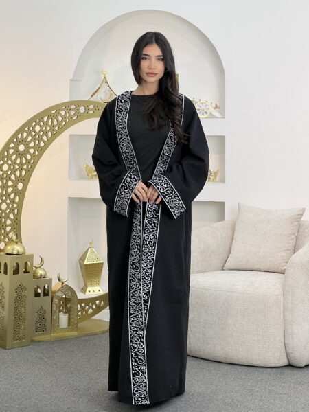 Long Sleeve Lace Trim Abaya Robe WOA228