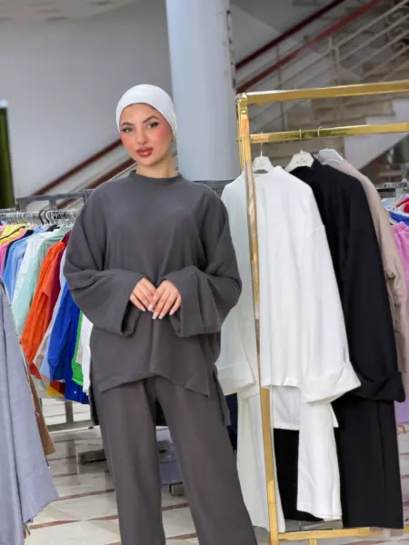 2pcs Women'S Solid Color Drop Shoulder Sweatshirt Set WOS145